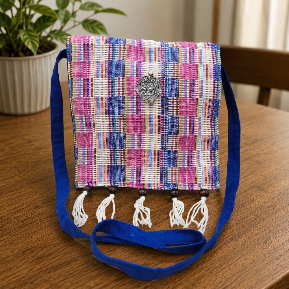 Boho Woven Elephant Medallion Crossbody Bag Multi-Color Tassel Festival Purse
